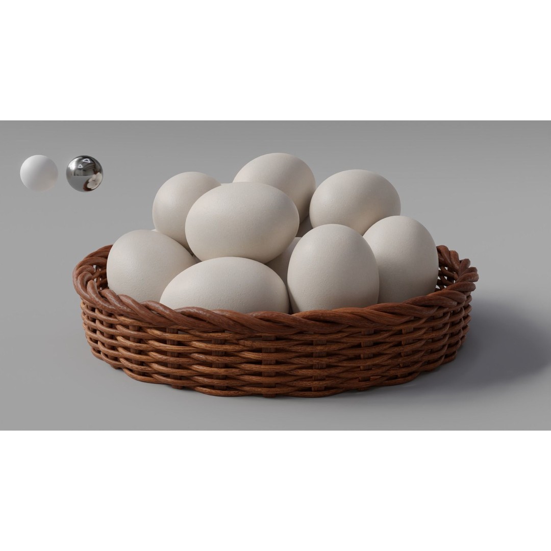 Wicker Basket 3D Model – Rustic Kitchen Decoration with Eggs, FBX, OBJ - View 4