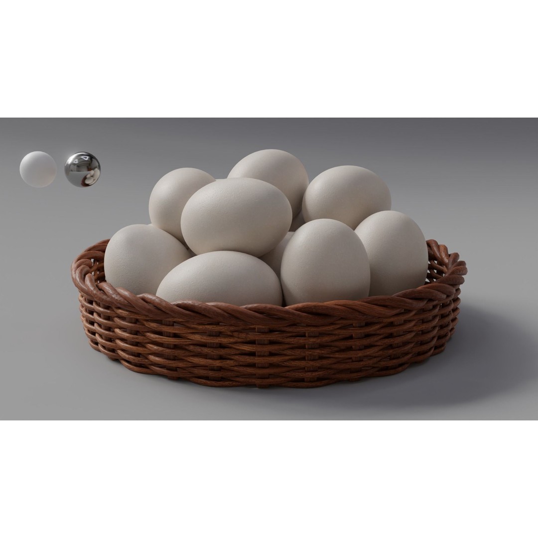 Wicker Basket 3D Model – Rustic Kitchen Decoration with Eggs, FBX, OBJ - View 6
