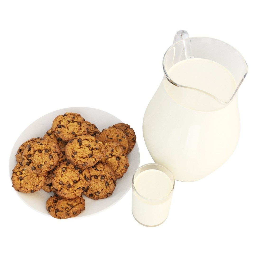 Chocolate Chip Cookies and Milk 3D Model – Photorealistic Food Asset, FBX - View 3