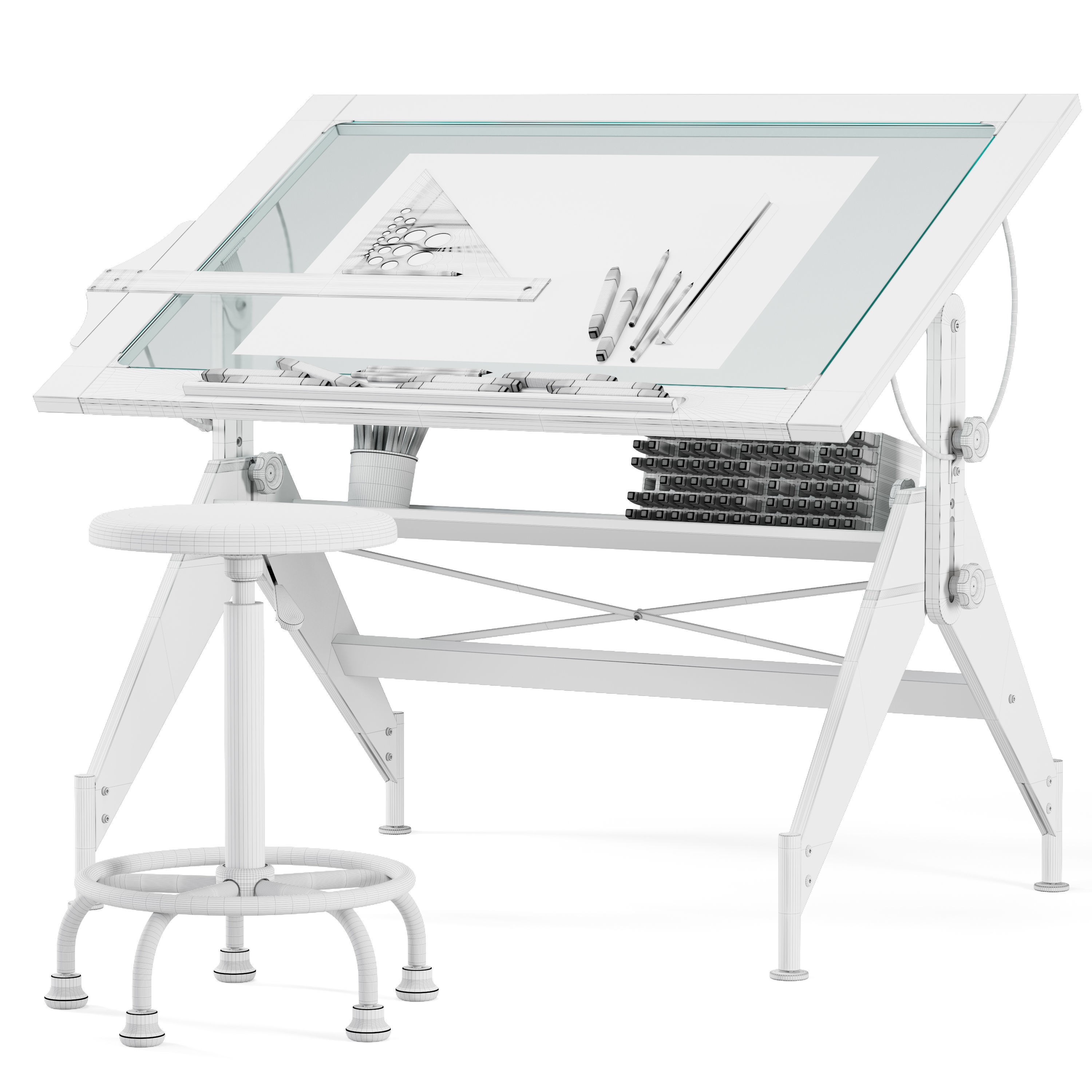 Aries Wood and Glass Drawing Table - Game-Ready 3D Model