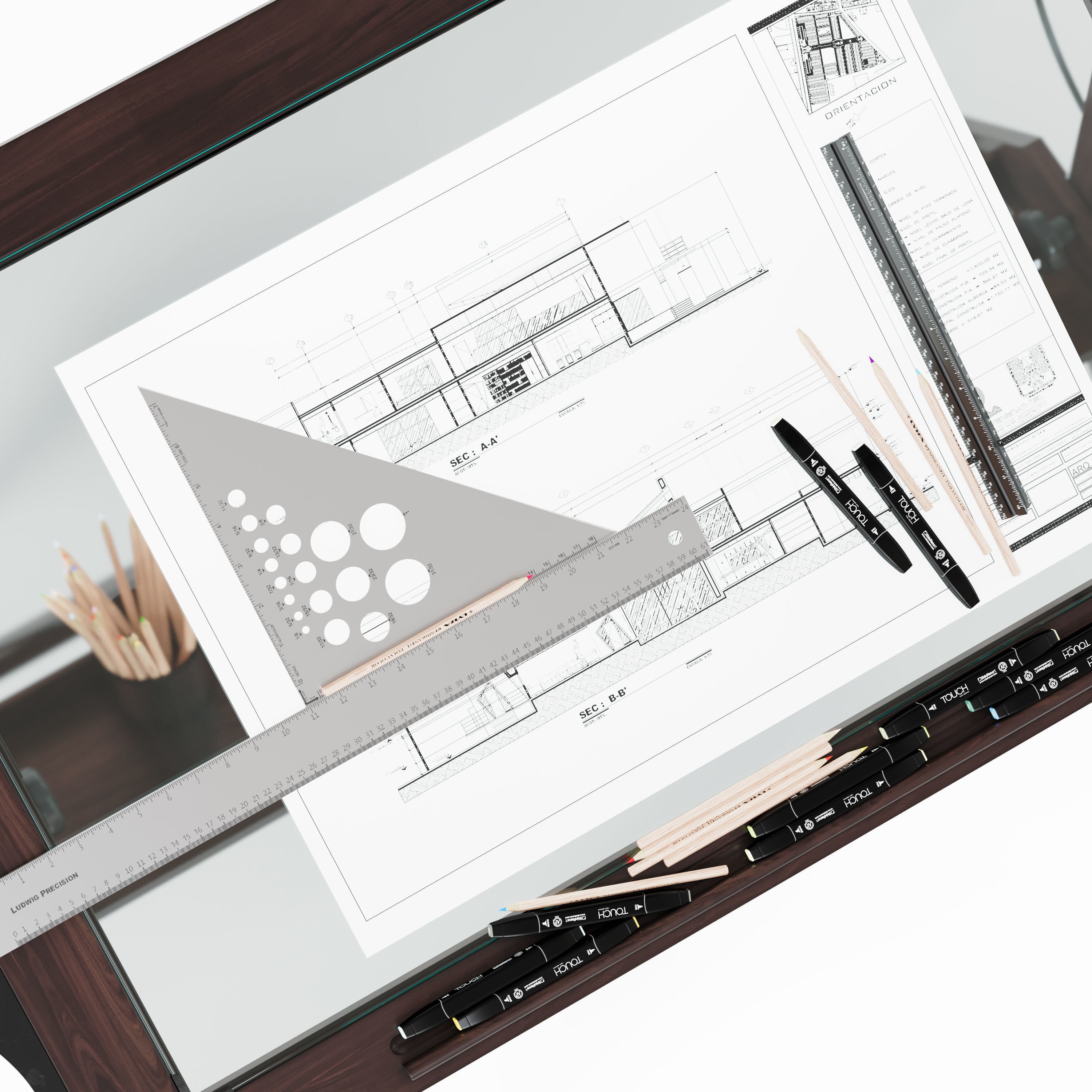 Aries Wood and Glass Drawing Table - Game-Ready 3D Model - View 10