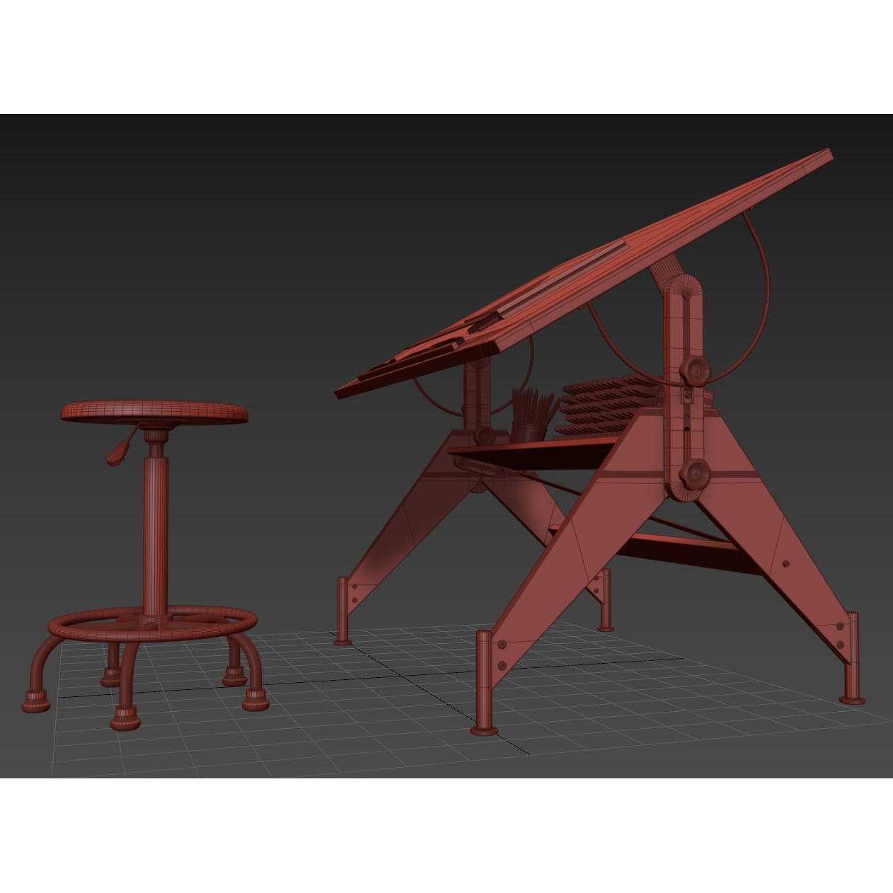 Aries Wood and Glass Drawing Table - Game-Ready 3D Model - View 12