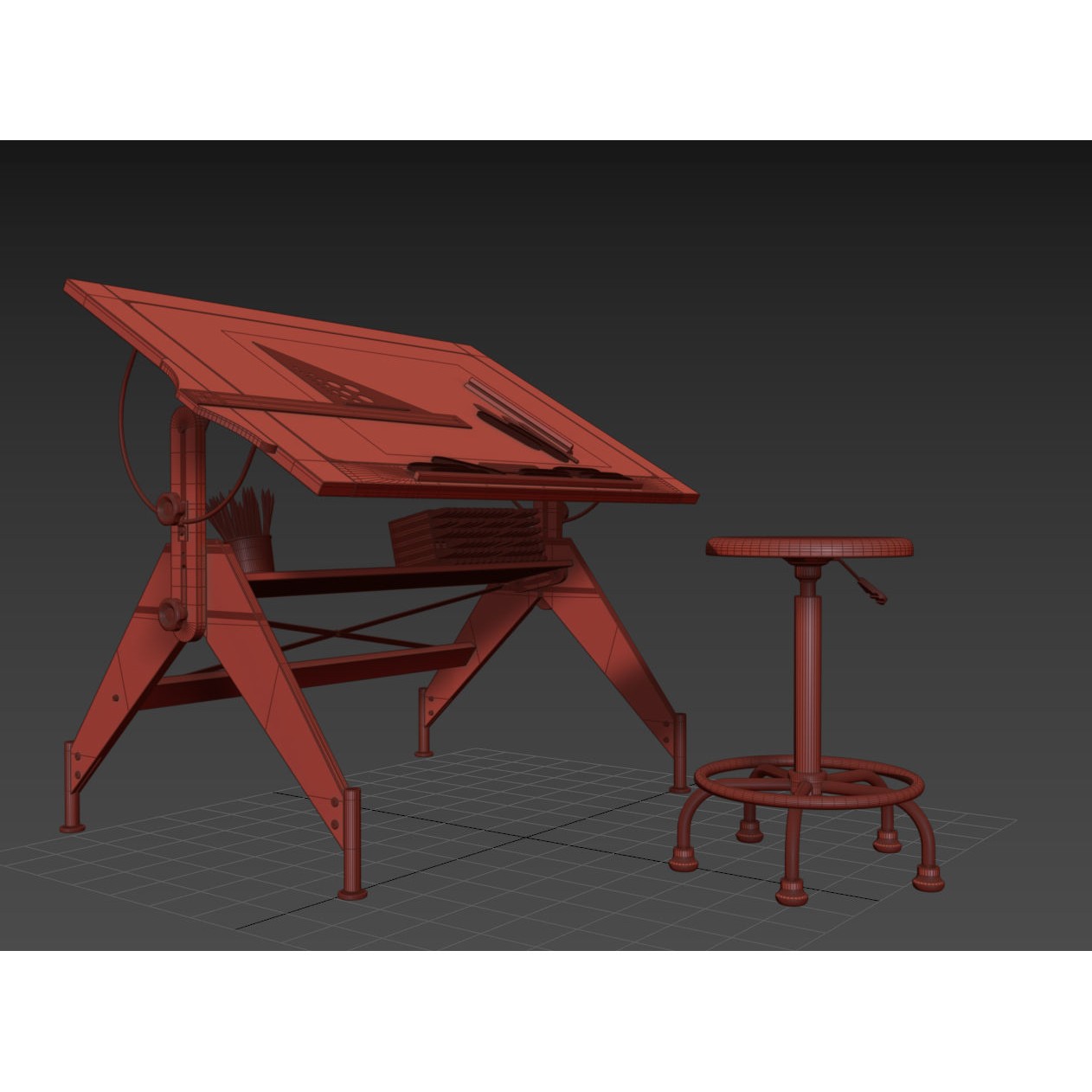 Aries Wood and Glass Drawing Table - Game-Ready 3D Model - View 19