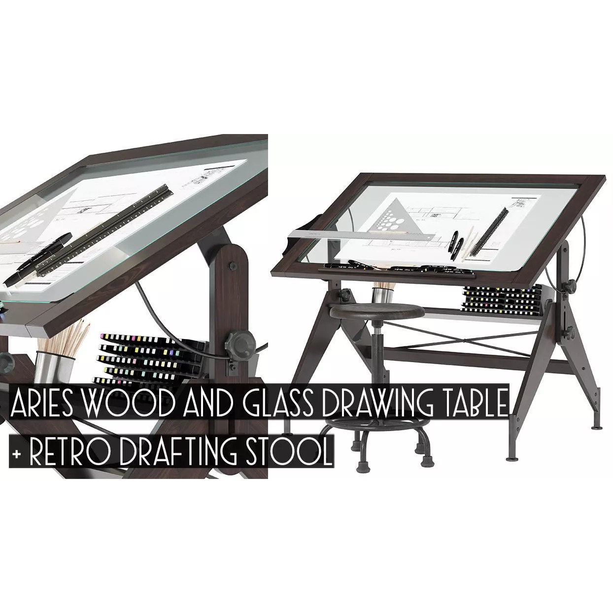 Aries Wood and Glass Drawing Table - Game-Ready 3D Model - View 2