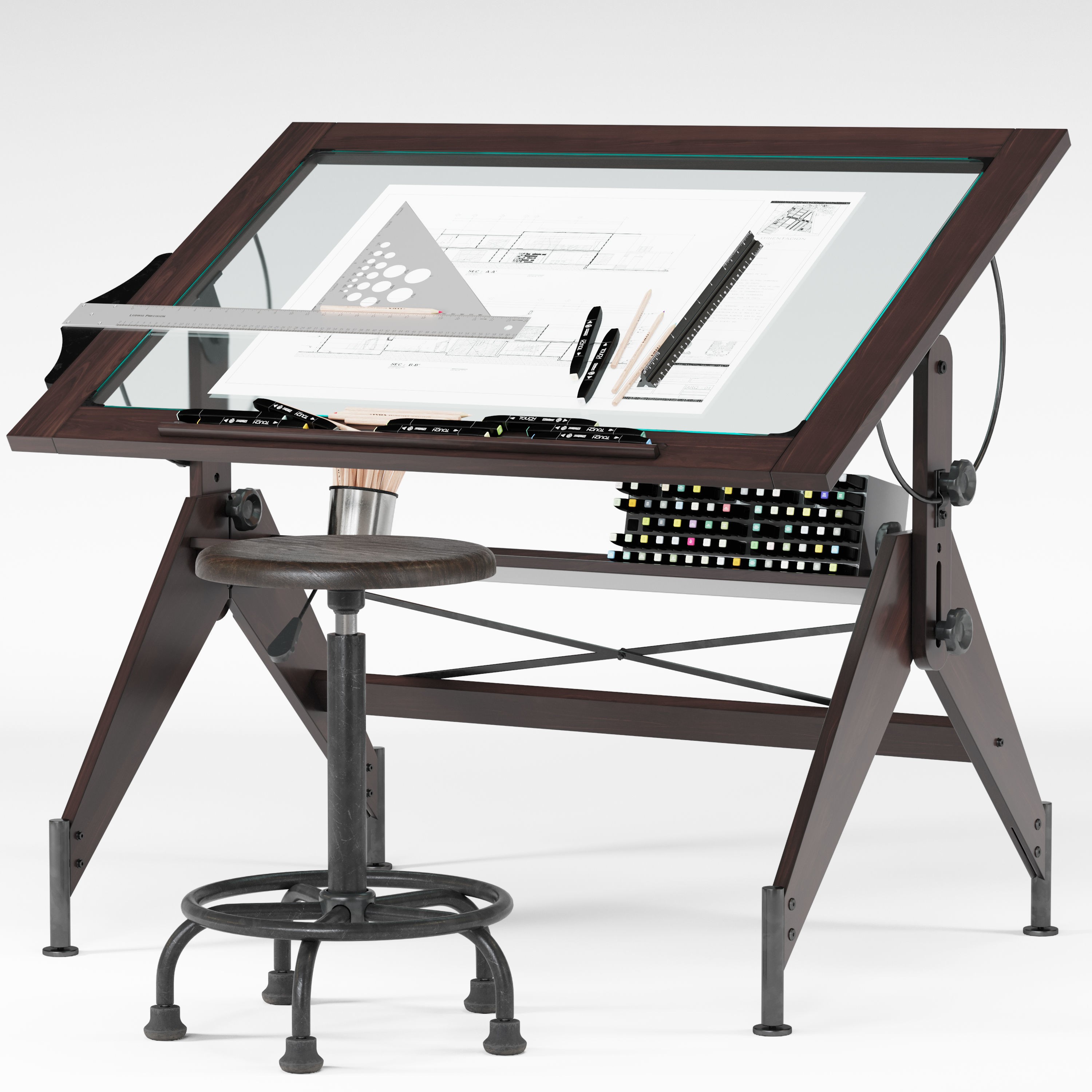 Aries Wood and Glass Drawing Table - Game-Ready 3D Model - View 3