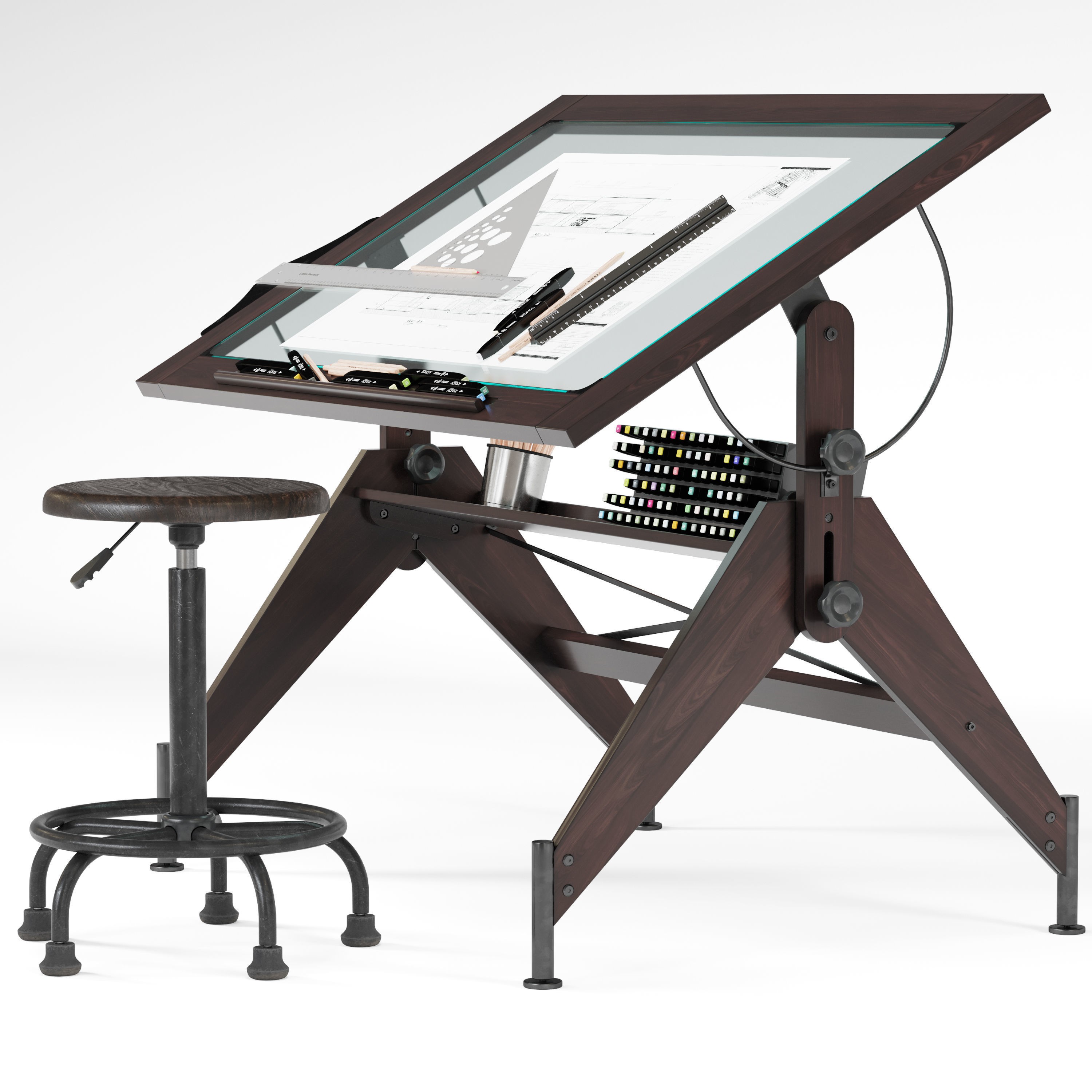 Aries Wood and Glass Drawing Table - Game-Ready 3D Model - View 4