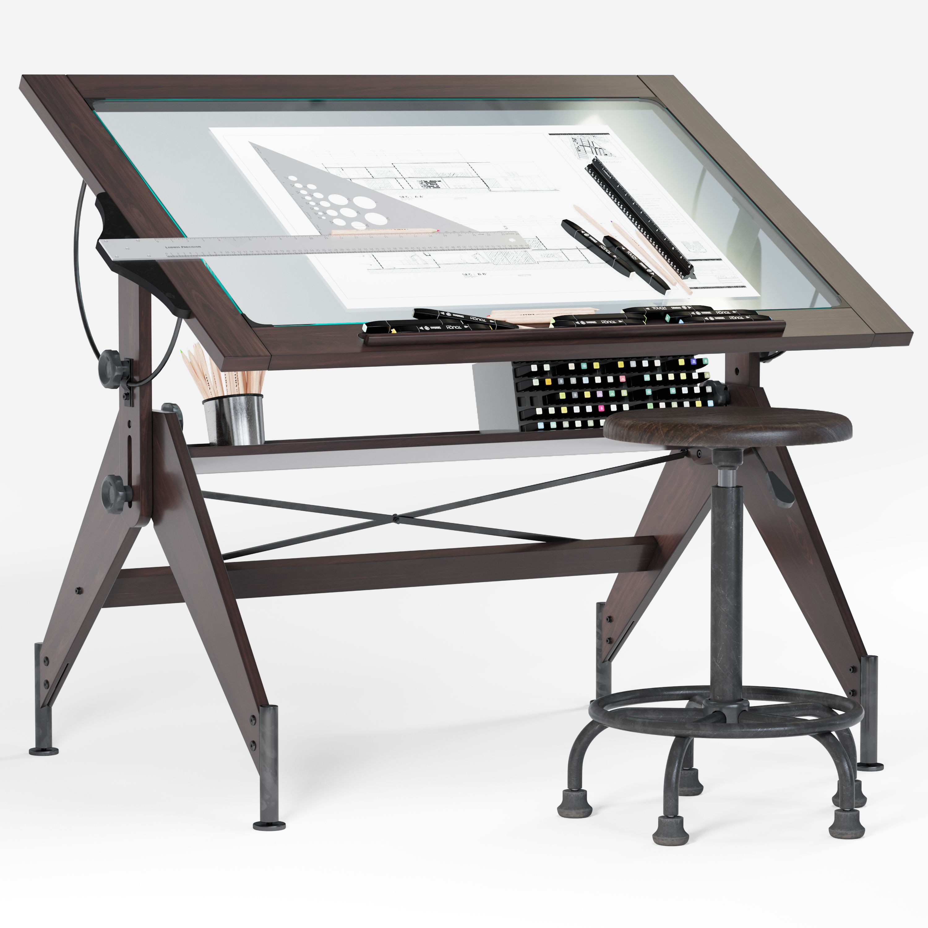 Aries Wood and Glass Drawing Table - Game-Ready 3D Model - View 5