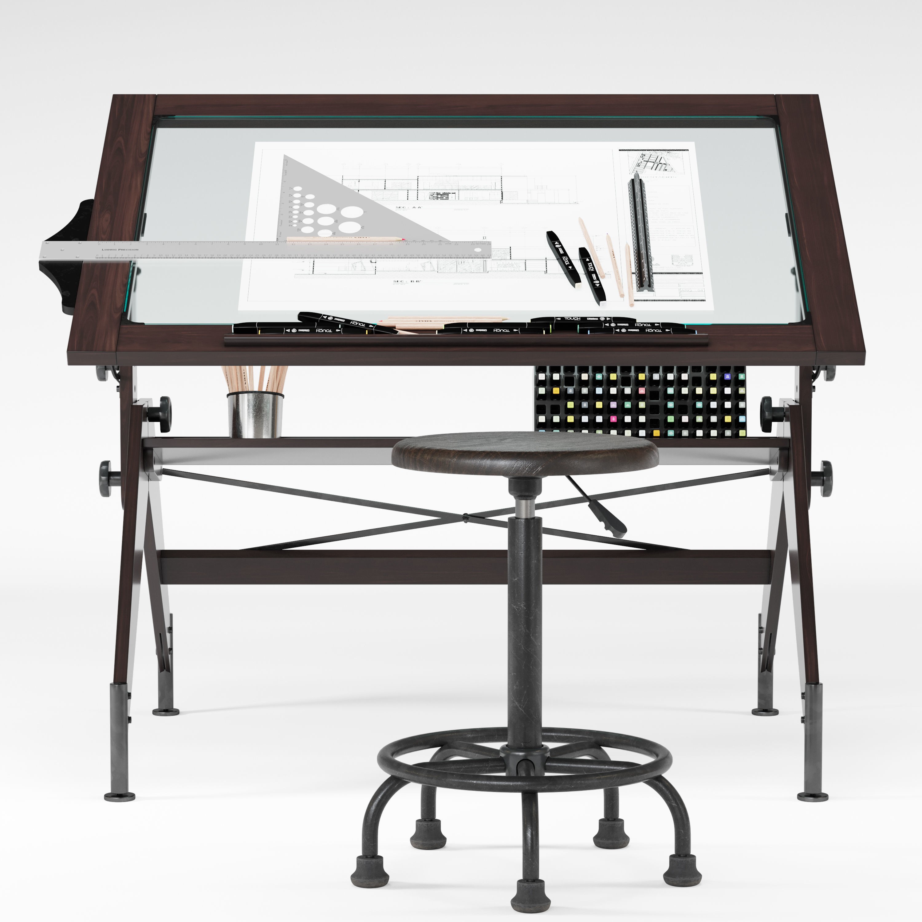 Aries Wood and Glass Drawing Table - Game-Ready 3D Model - View 6