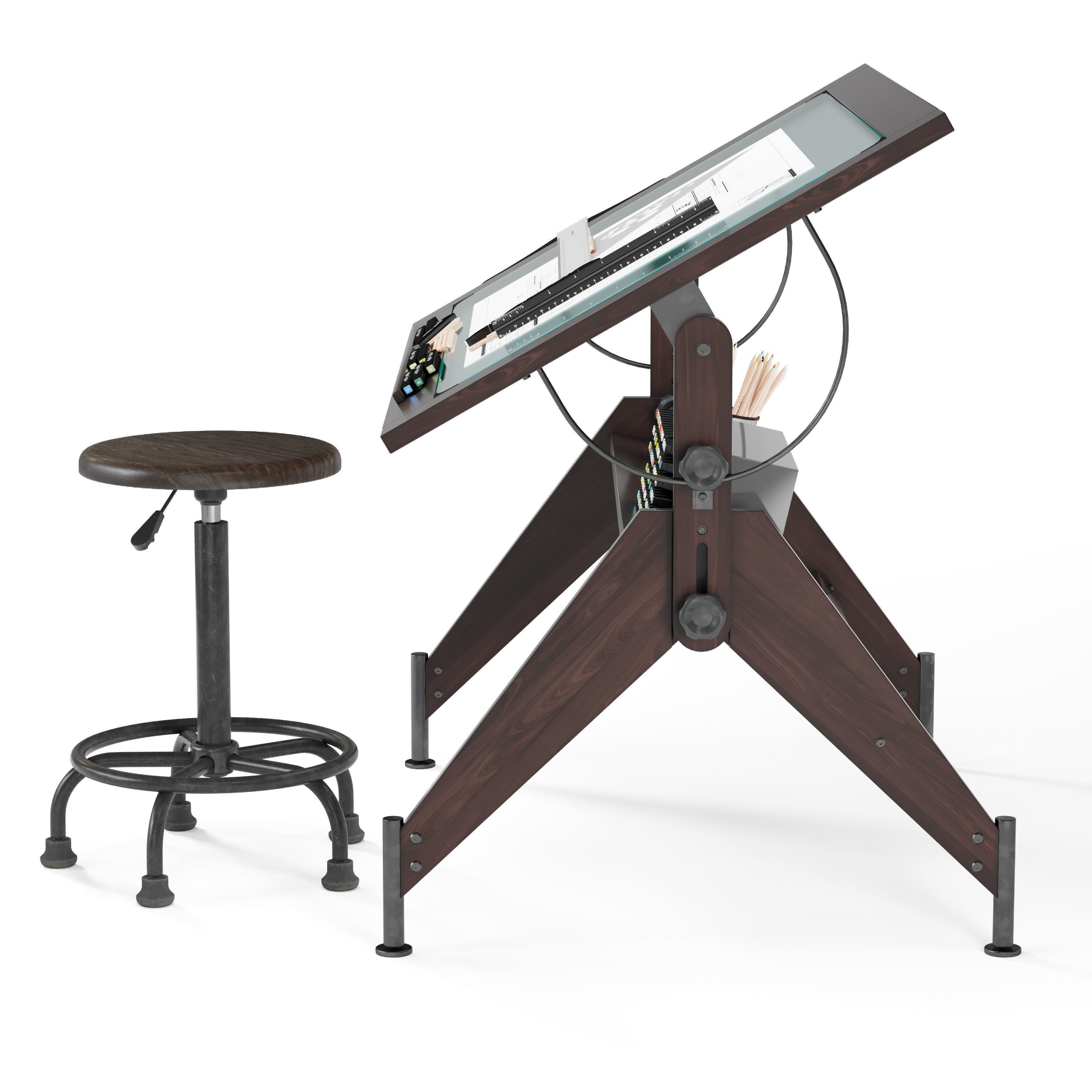 Aries Wood and Glass Drawing Table - Game-Ready 3D Model - View 7