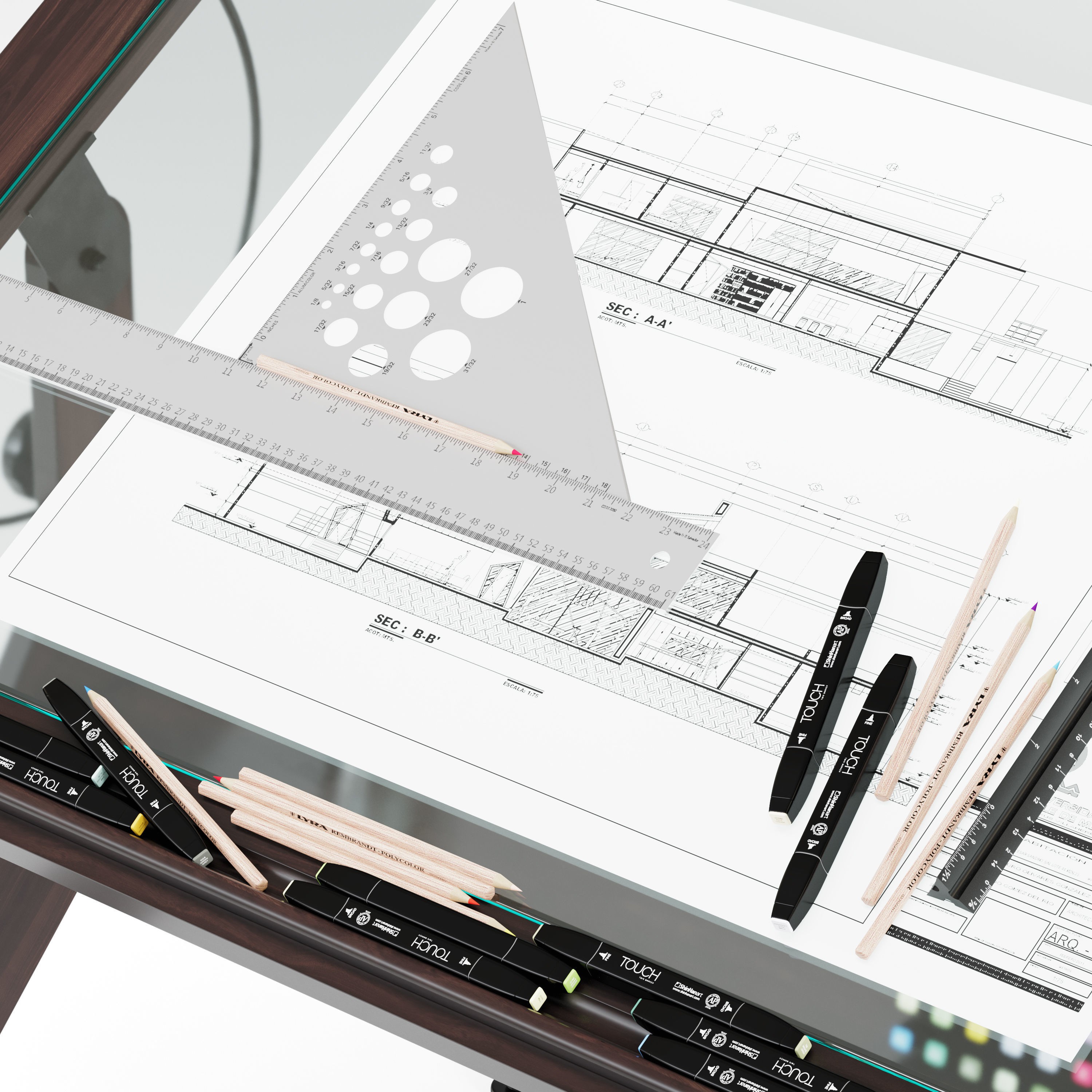 Aries Wood and Glass Drawing Table - Game-Ready 3D Model - View 8