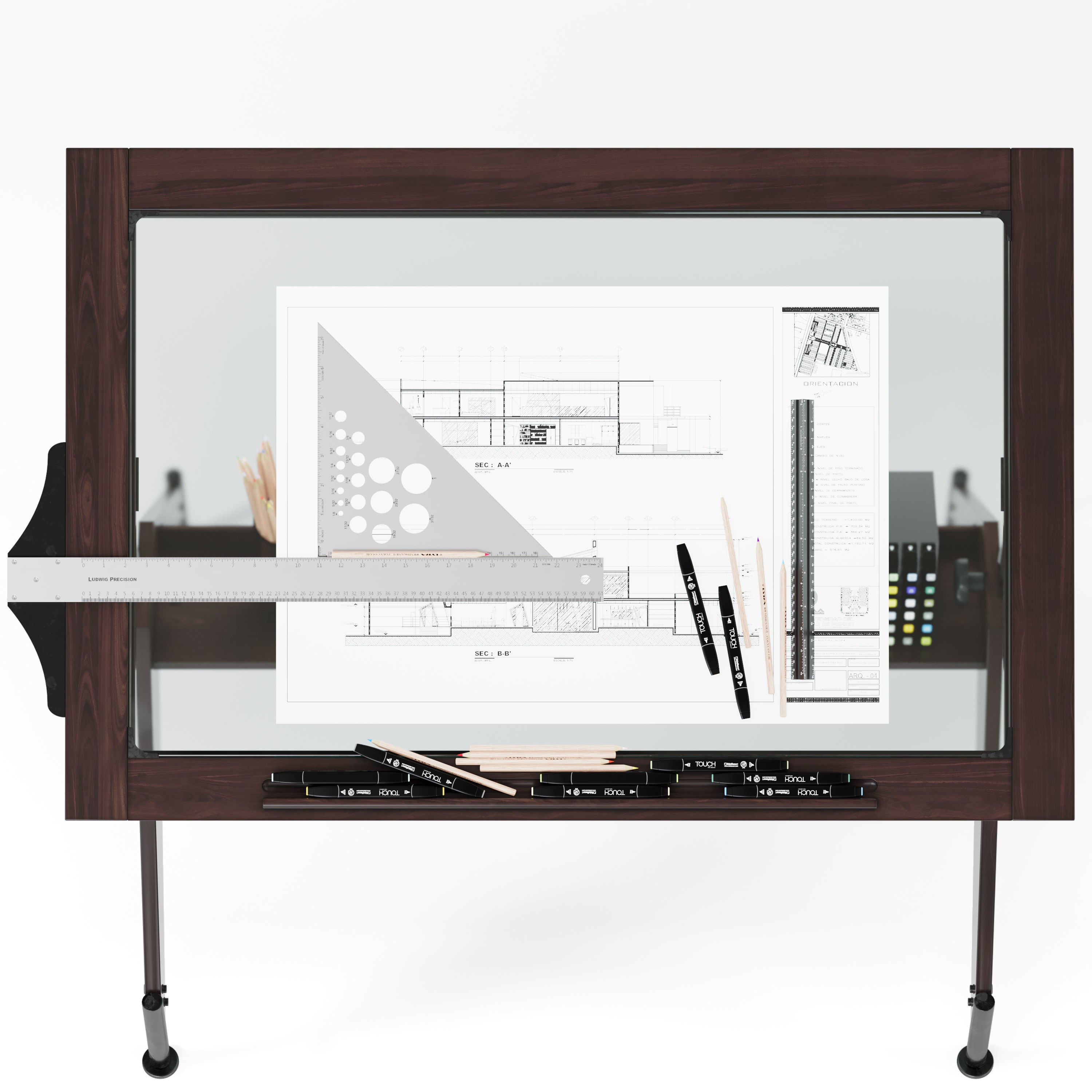 Aries Wood and Glass Drawing Table - Game-Ready 3D Model - View 9