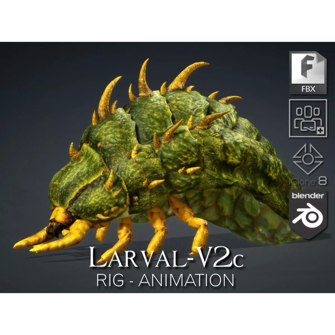 Larval 3D Model – Animated Rigged Insect Asset, PBR Textures - View 2