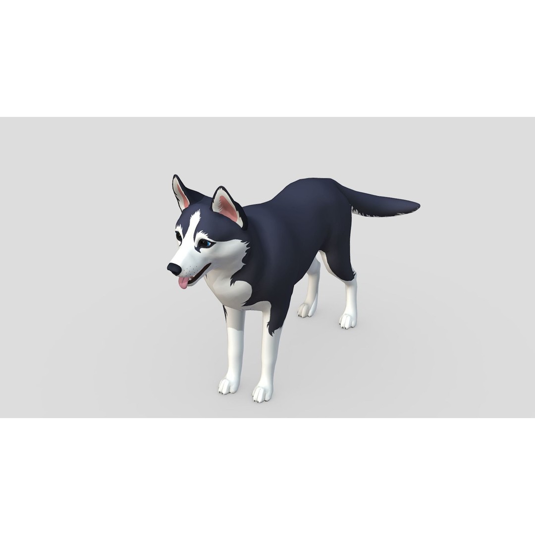Cartoon Husky 3D Model – Low Poly Rigged Character with Animations - View 3