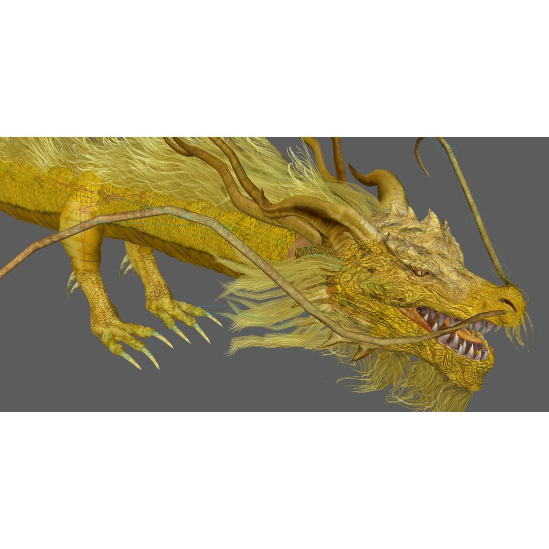 Golden Chinese Dragon 3D Model – Rigged Fantasy Creature, FBX, OBJ