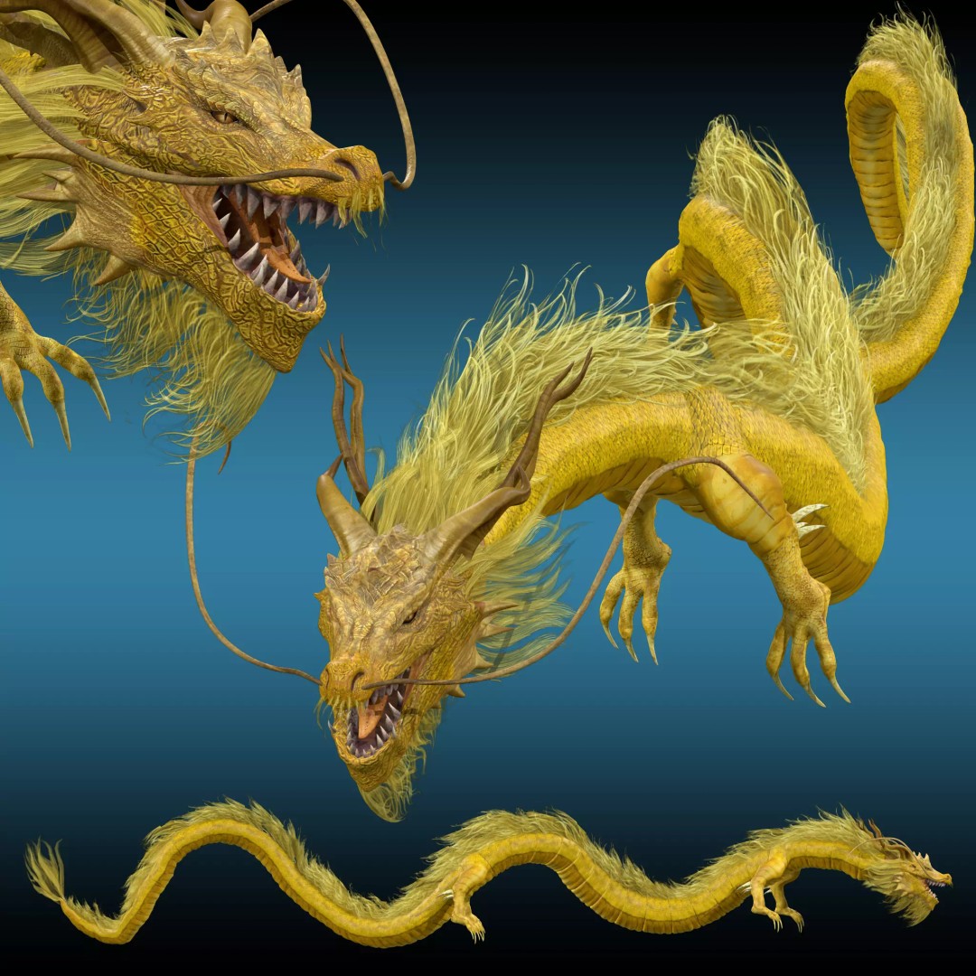Golden Chinese Dragon 3D Model – Rigged Fantasy Creature, FBX, OBJ - View 2
