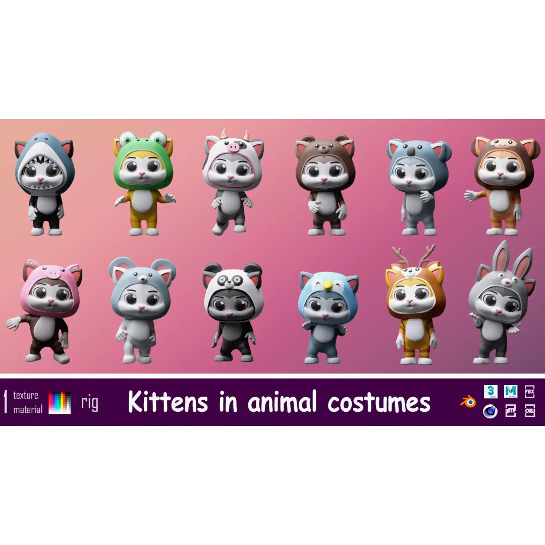 Cartoon Kittens 3D Model – Low Poly Rigged Characters, FBX, OBJ - View 2