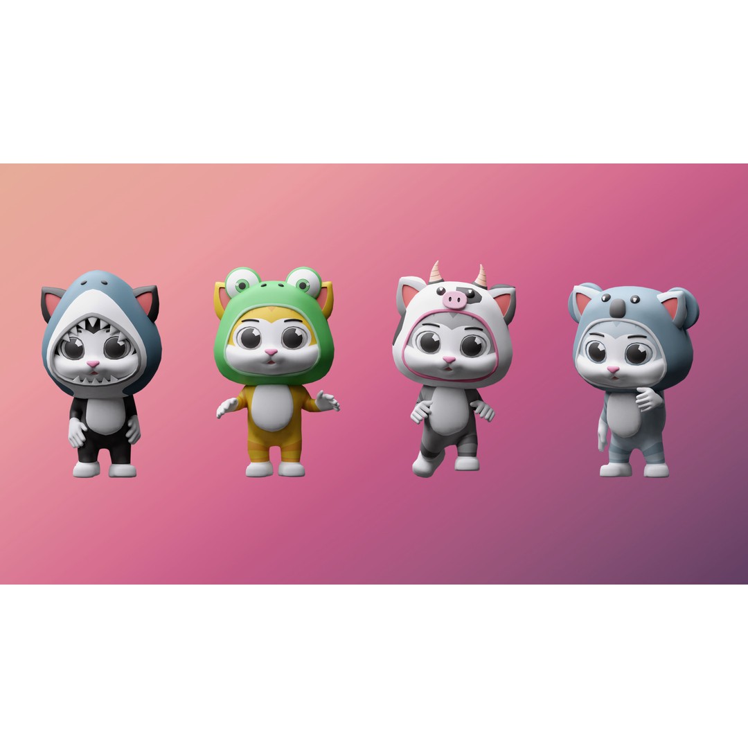 Cartoon Kittens 3D Model – Low Poly Rigged Characters, FBX, OBJ - View 6