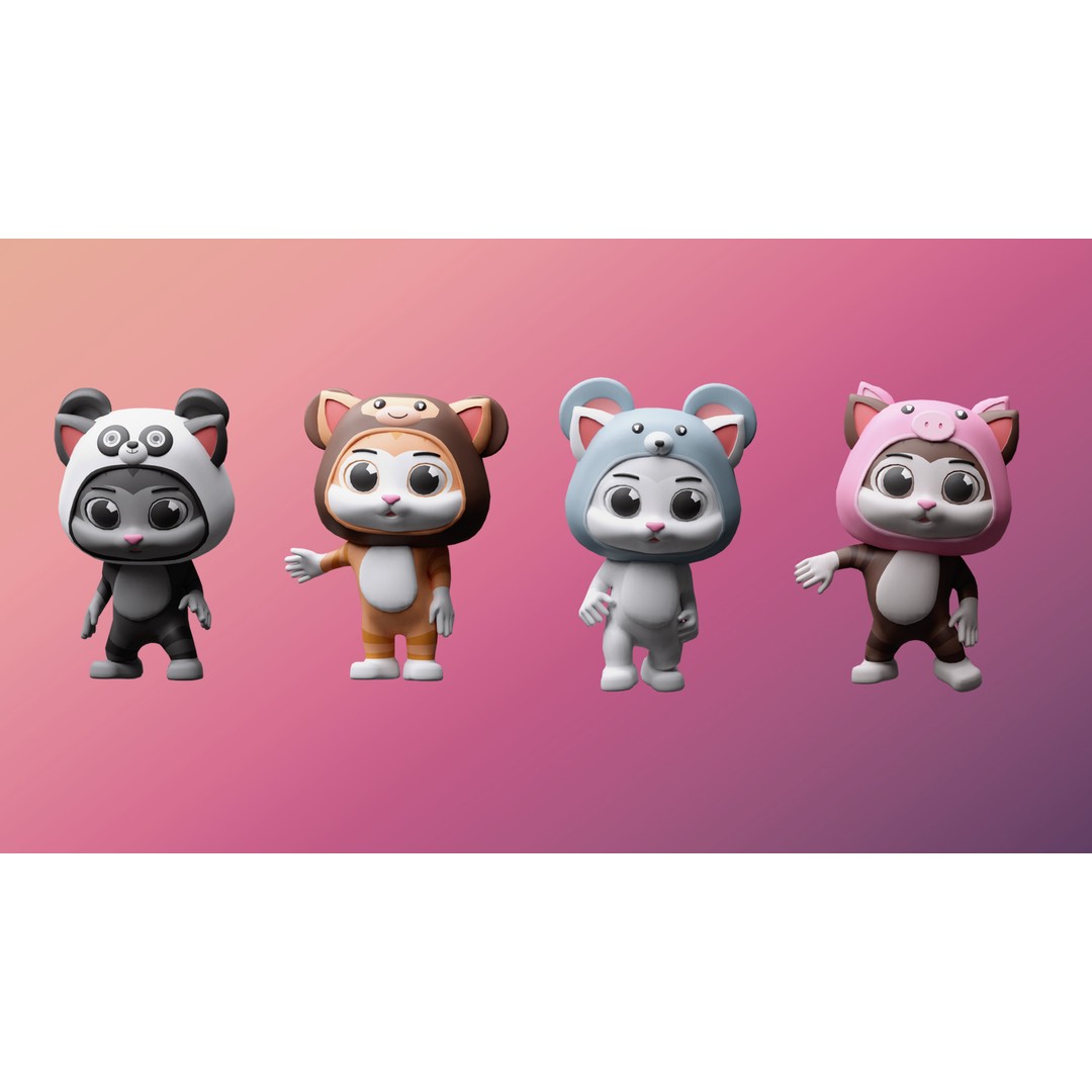 Cartoon Kittens 3D Model – Low Poly Rigged Characters, FBX, OBJ - View 7