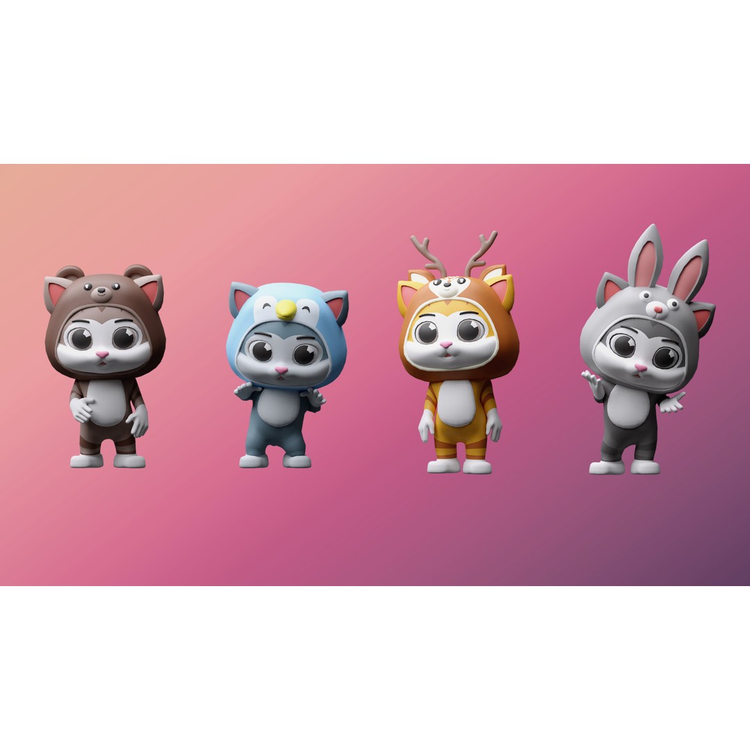 Cartoon Kittens 3D Model – Low Poly Rigged Characters, FBX, OBJ - View 8