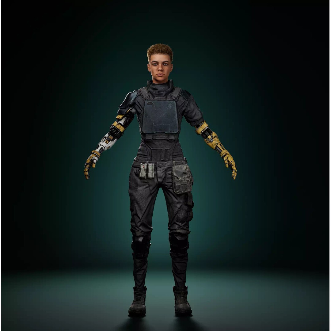 Cyborg Outfit 3D Model – Sci-Fi Tactical Suit with Mechanical Arms, FBX