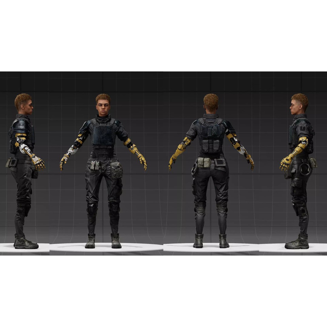 Cyborg Outfit 3D Model – Sci-Fi Tactical Suit with Mechanical Arms, FBX - View 15