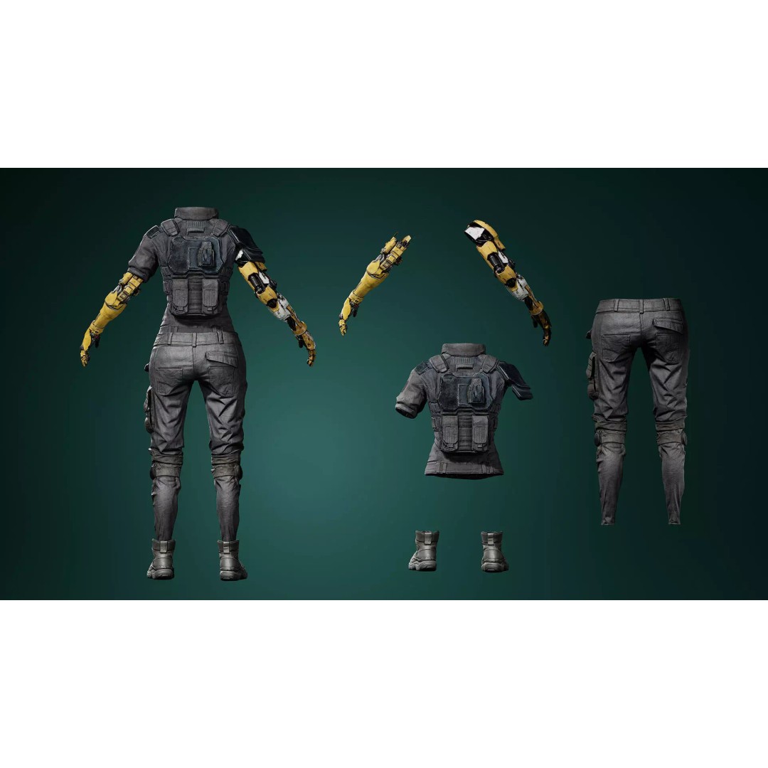 Cyborg Outfit 3D Model – Sci-Fi Tactical Suit with Mechanical Arms, FBX - View 3