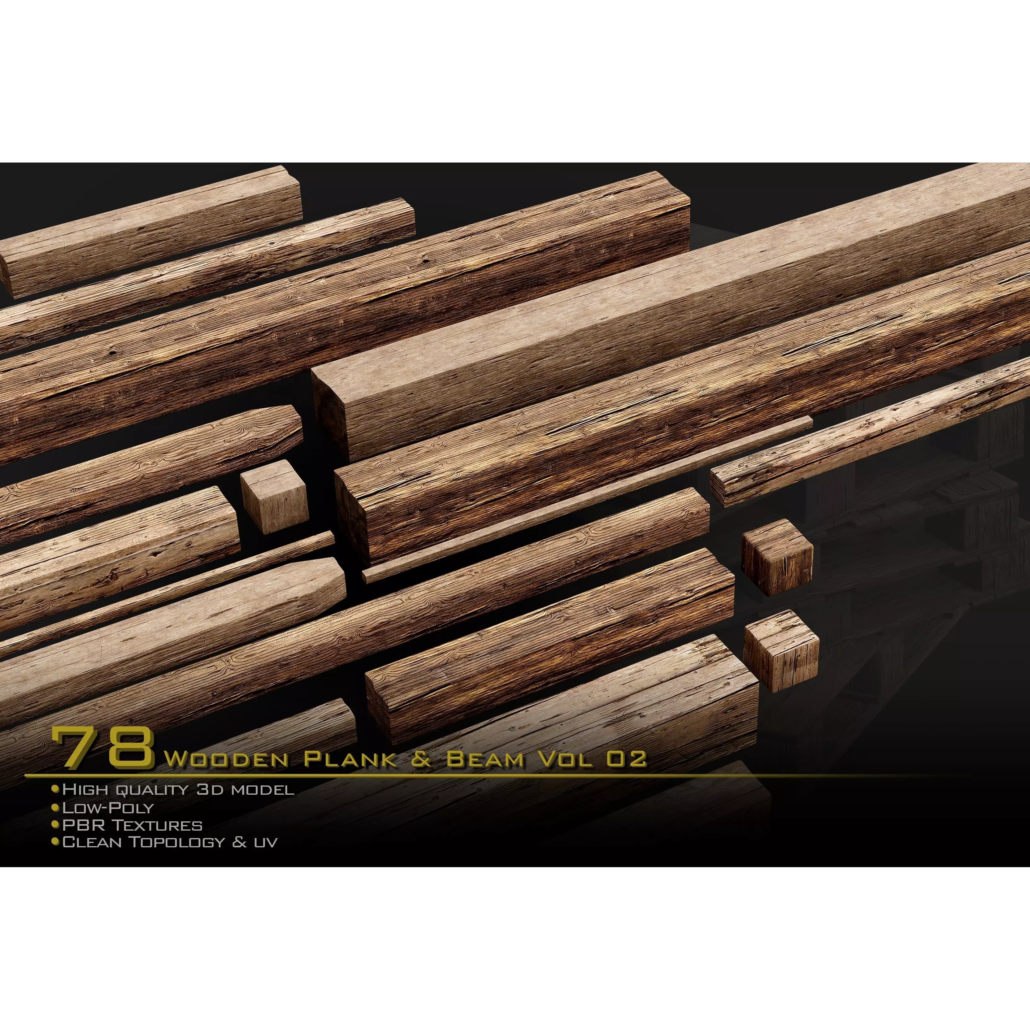 Wooden Plank & Beam Vol.02 - Low-Poly Game-Ready 3D Model - View 2