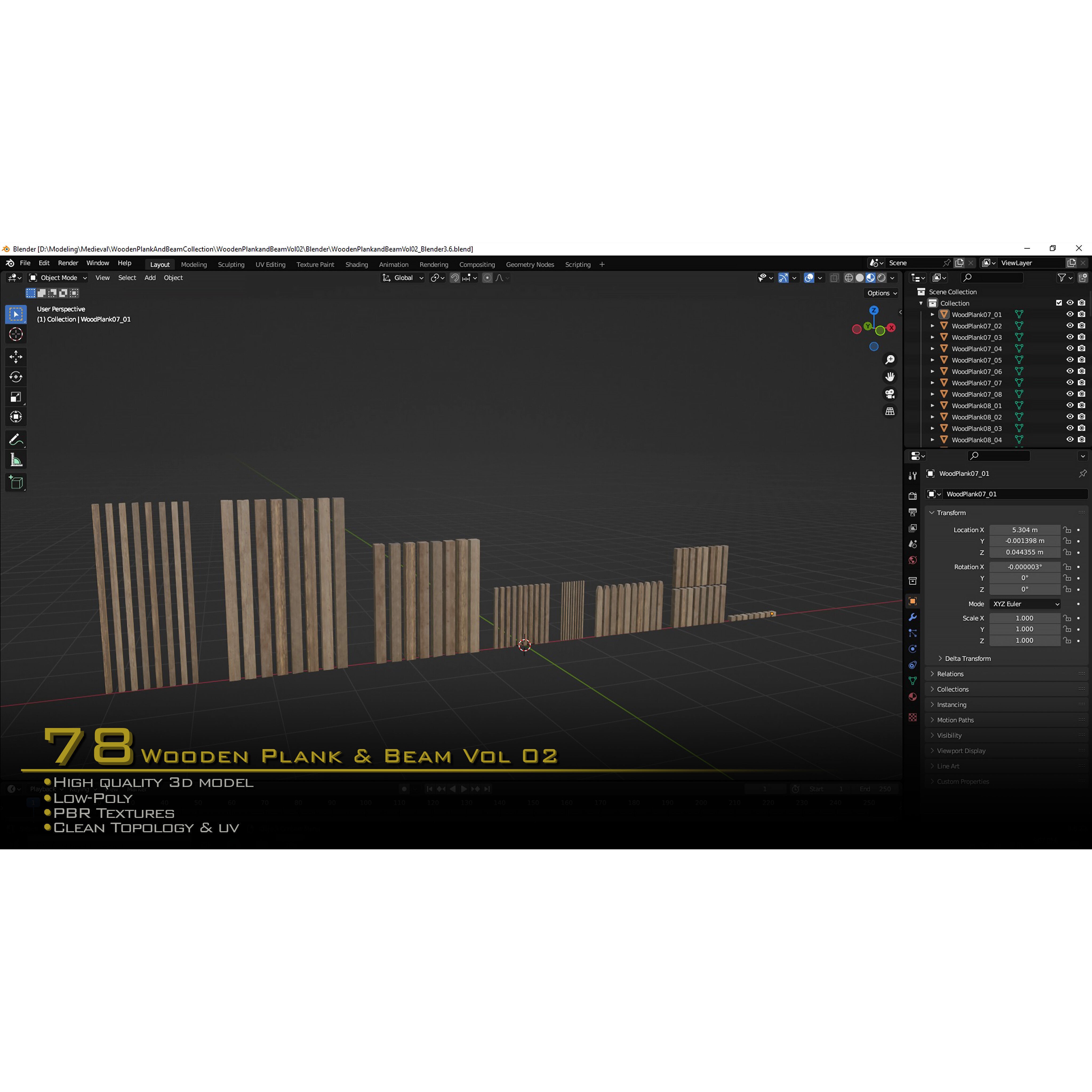 Wooden Plank & Beam Vol.02 - Low-Poly Game-Ready 3D Model - View 9