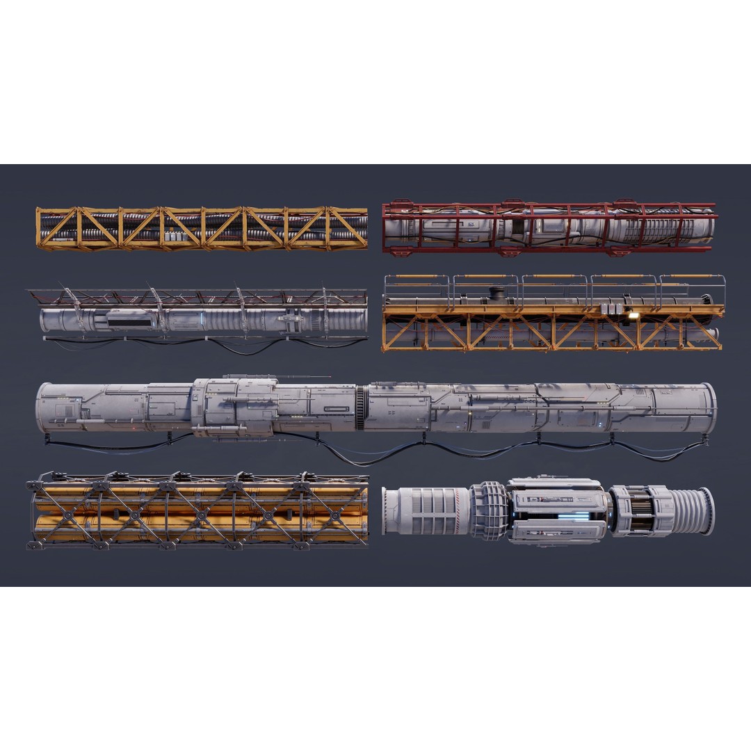 Sci-Fi Tubes Cables Pipe 3D Model – Low Poly PBR Kit, FBX & OBJ - View 3