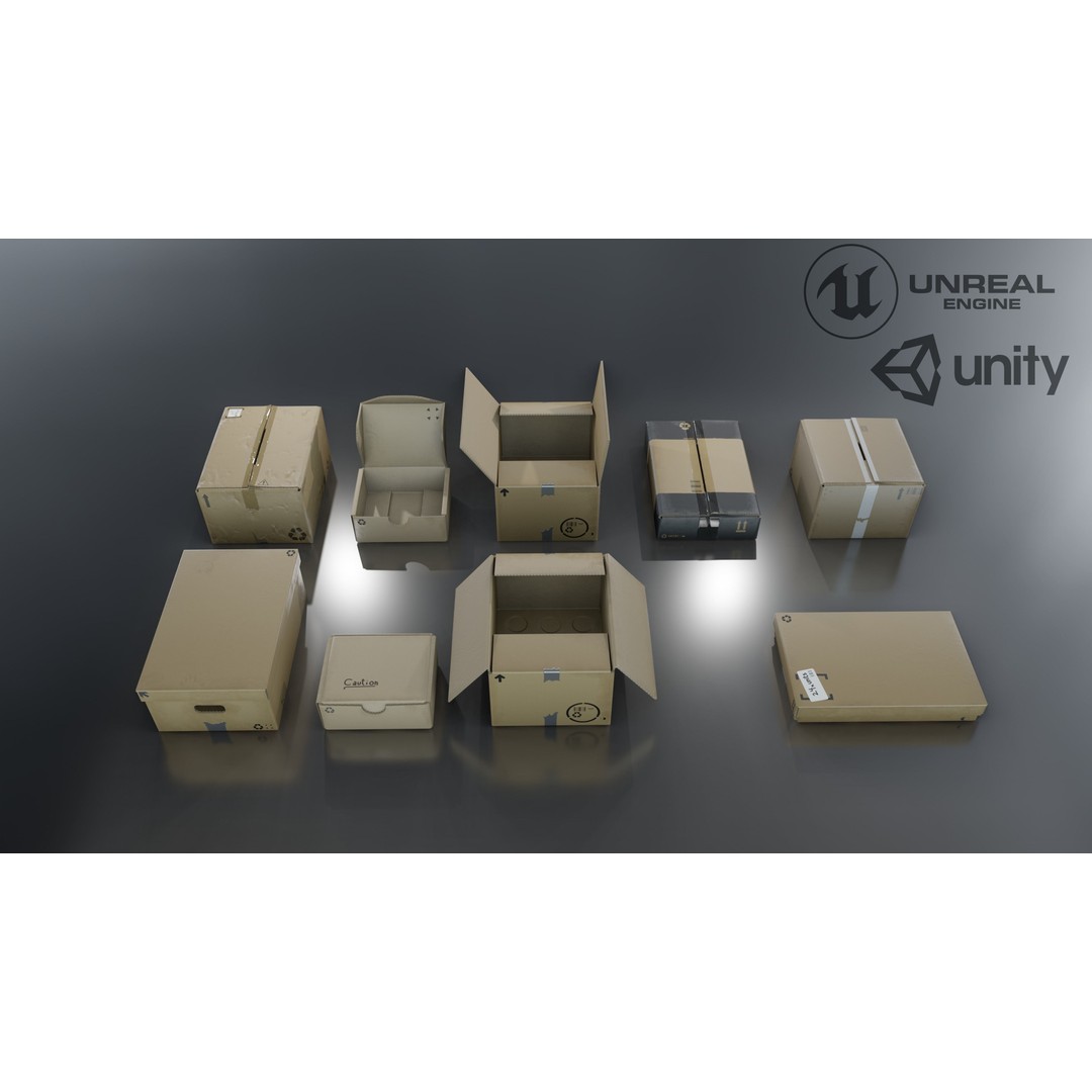 Cardboard Box 3D Model – Low Poly Game Asset, PBR Textures, FBX - View 3