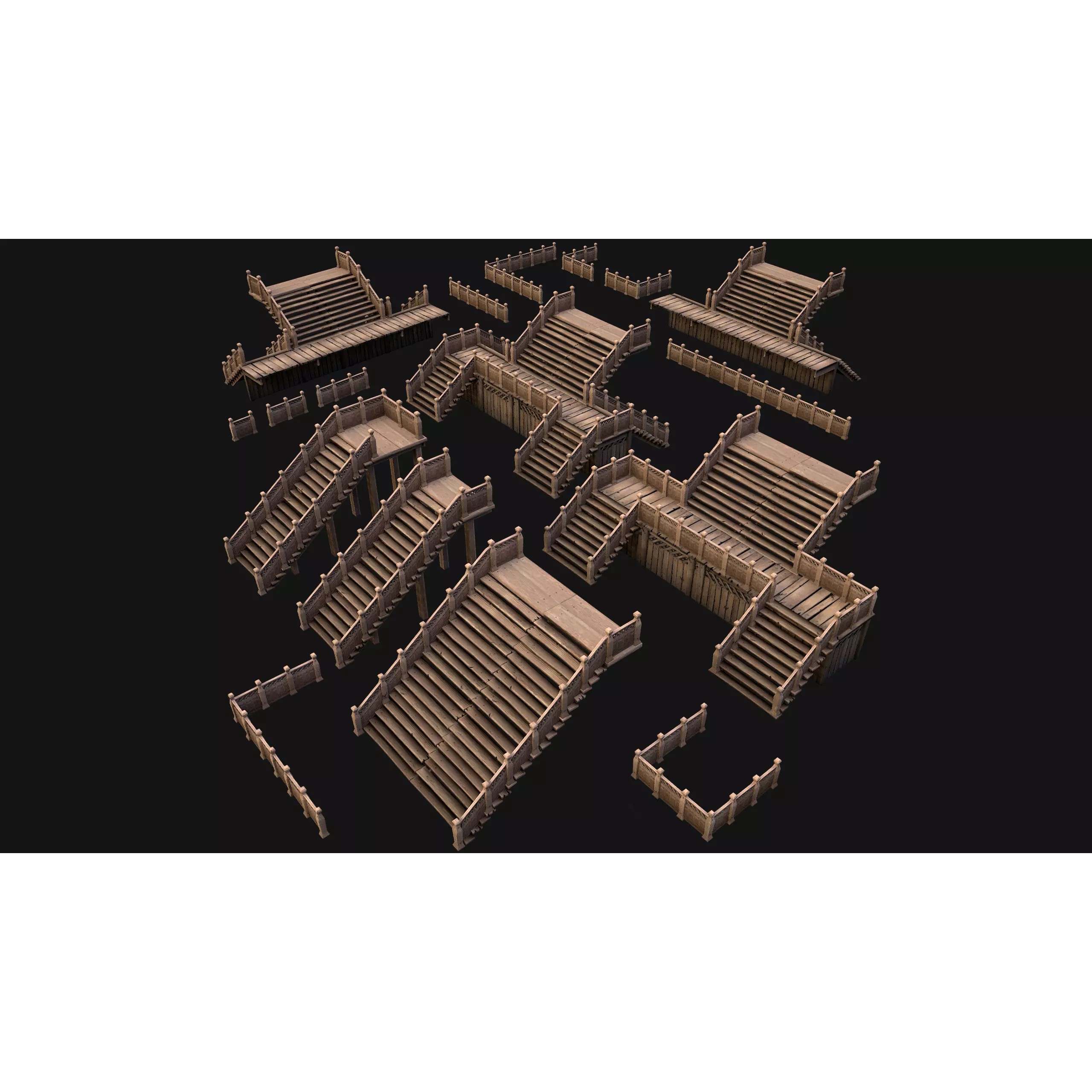 Medieval Stairs and Fences Pack - Low-Poly Game-Ready 3D Model - View 2