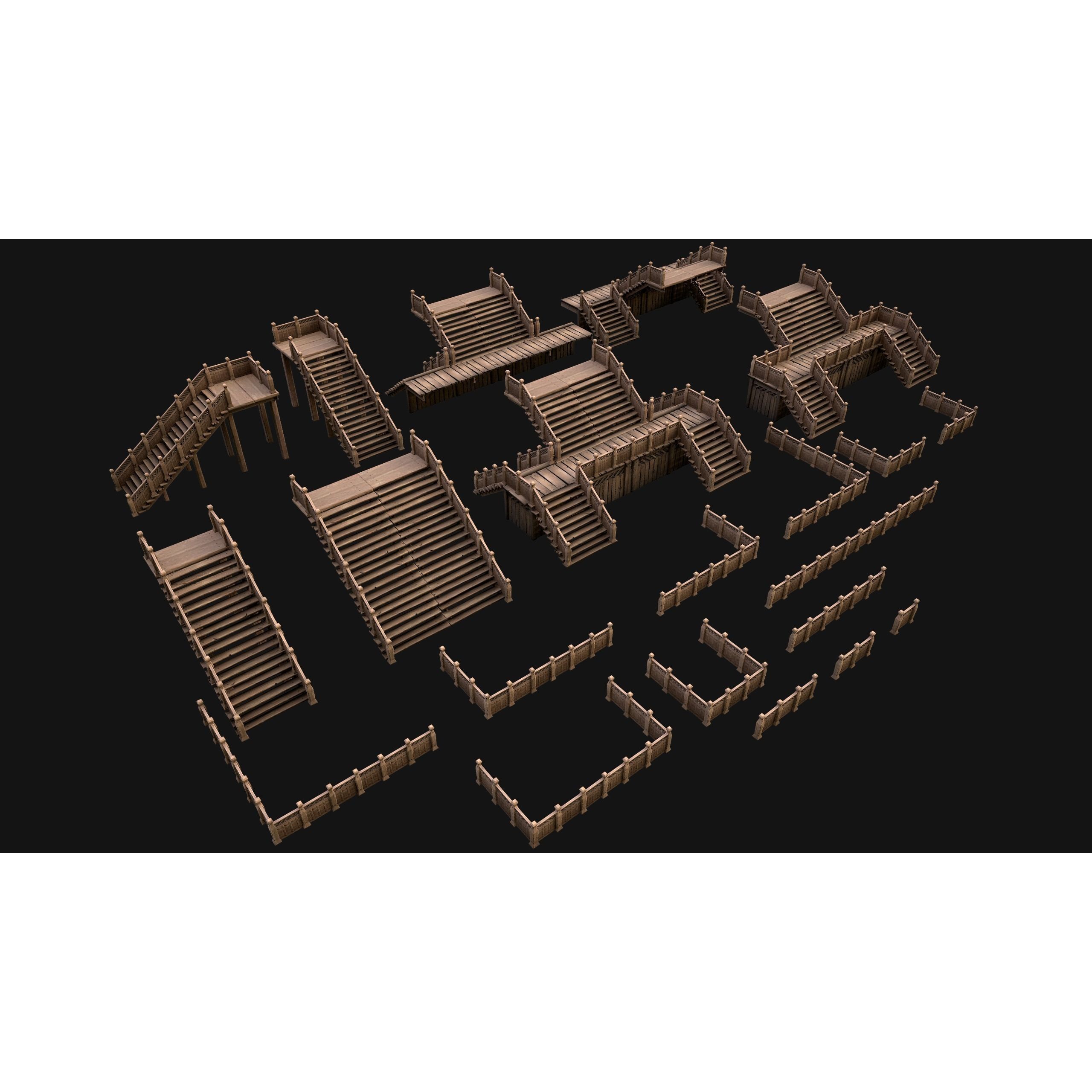 Medieval Stairs and Fences Pack - Low-Poly Game-Ready 3D Model - View 3