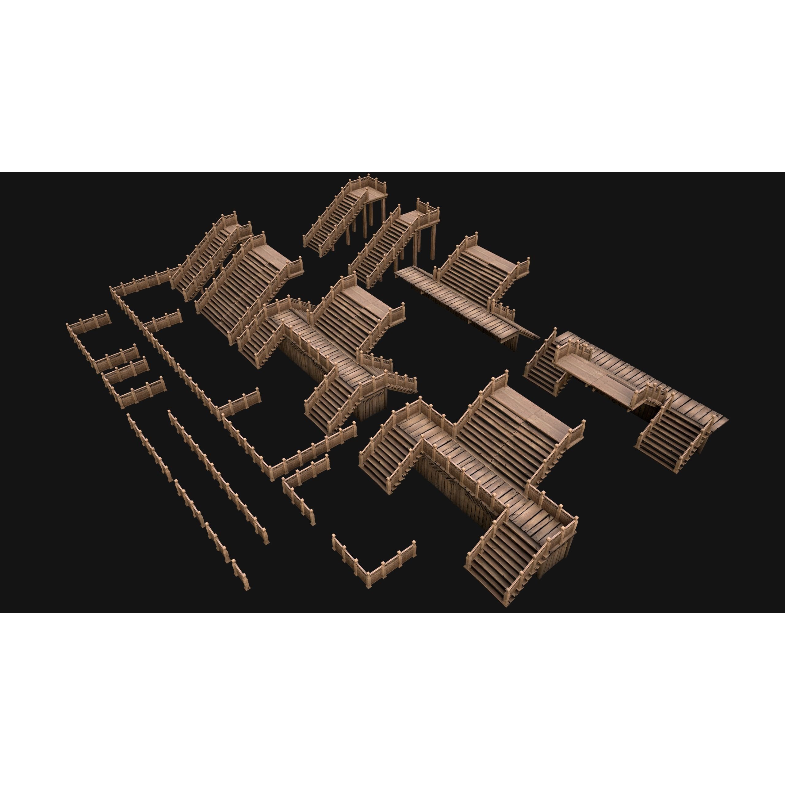 Medieval Stairs and Fences Pack - Low-Poly Game-Ready 3D Model - View 5