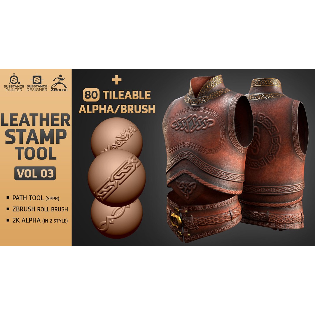 Leather Stamp Tool 3D Model – Fabric Brush Bundle with Alphas - View 3