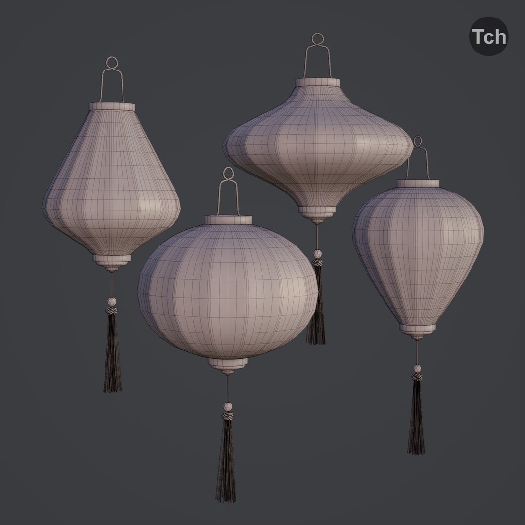 Asian Silk Lanterns 3D Model – Low Poly Decorative Lamp, FBX, OBJ - View 10