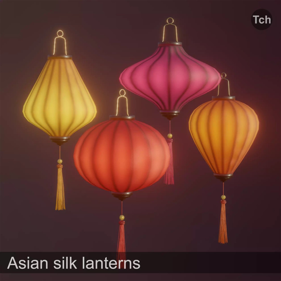 Asian Silk Lanterns 3D Model – Low Poly Decorative Lamp, FBX, OBJ - View 2