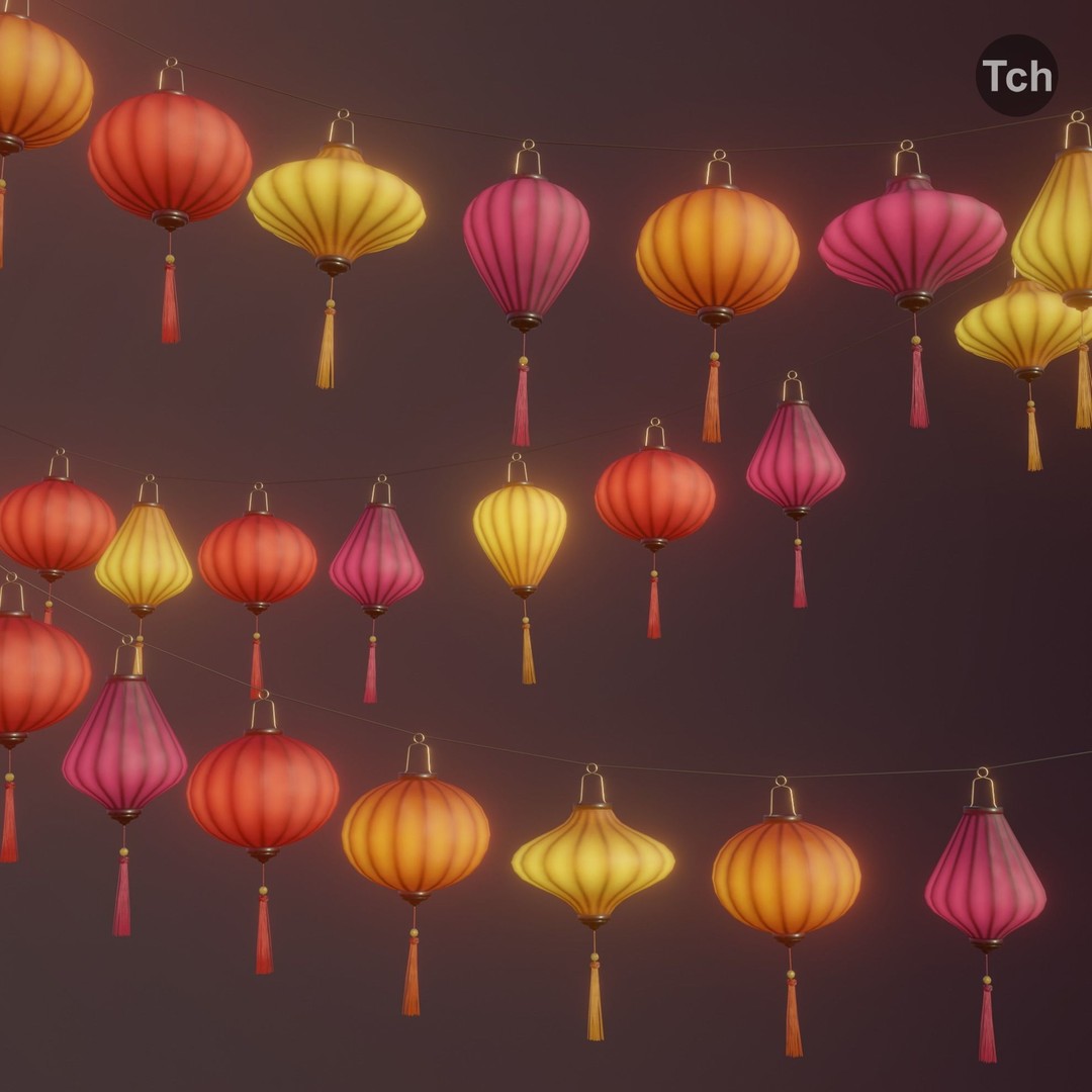 Asian Silk Lanterns 3D Model – Low Poly Decorative Lamp, FBX, OBJ - View 3