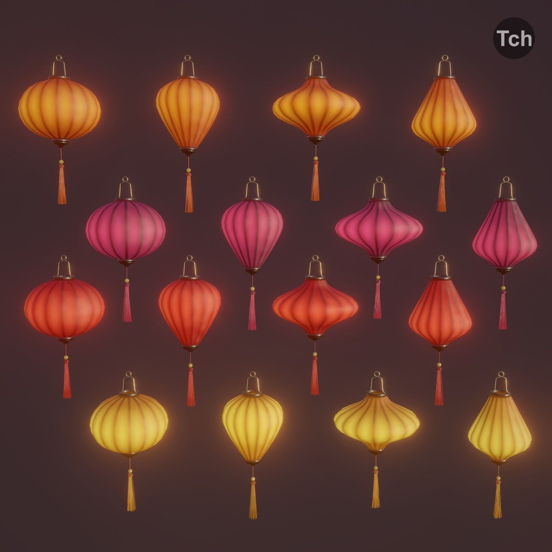 Asian Silk Lanterns 3D Model – Low Poly Decorative Lamp, FBX, OBJ - View 4