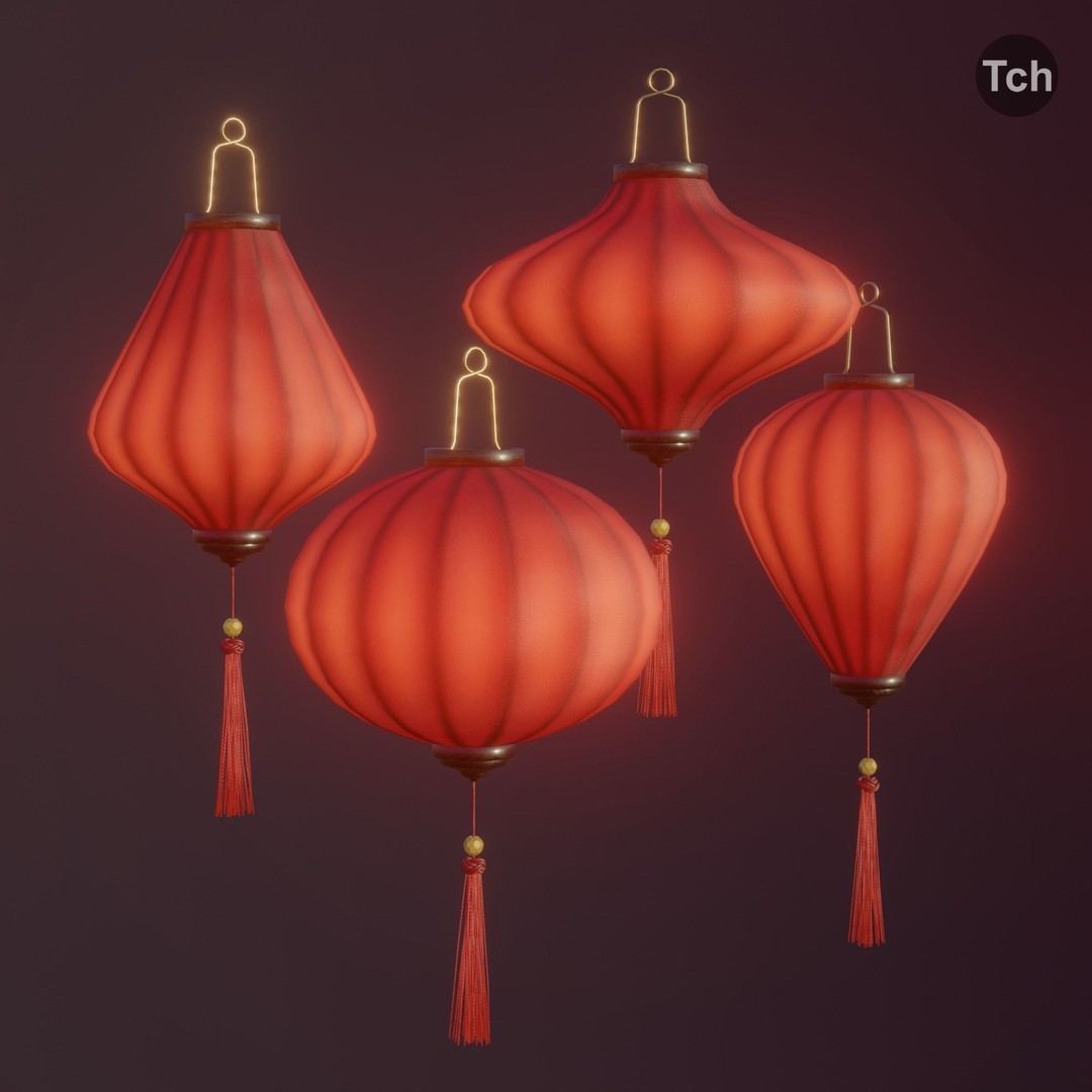 Asian Silk Lanterns 3D Model – Low Poly Decorative Lamp, FBX, OBJ - View 5