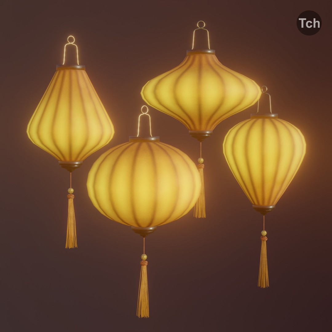 Asian Silk Lanterns 3D Model – Low Poly Decorative Lamp, FBX, OBJ - View 6