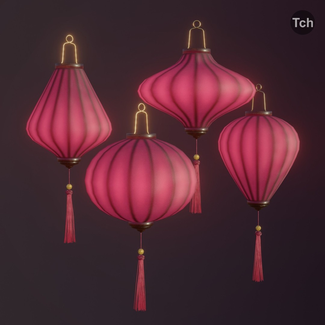 Asian Silk Lanterns 3D Model – Low Poly Decorative Lamp, FBX, OBJ - View 7