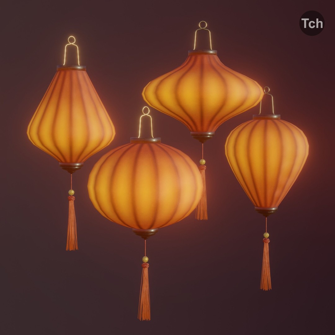Asian Silk Lanterns 3D Model – Low Poly Decorative Lamp, FBX, OBJ - View 8