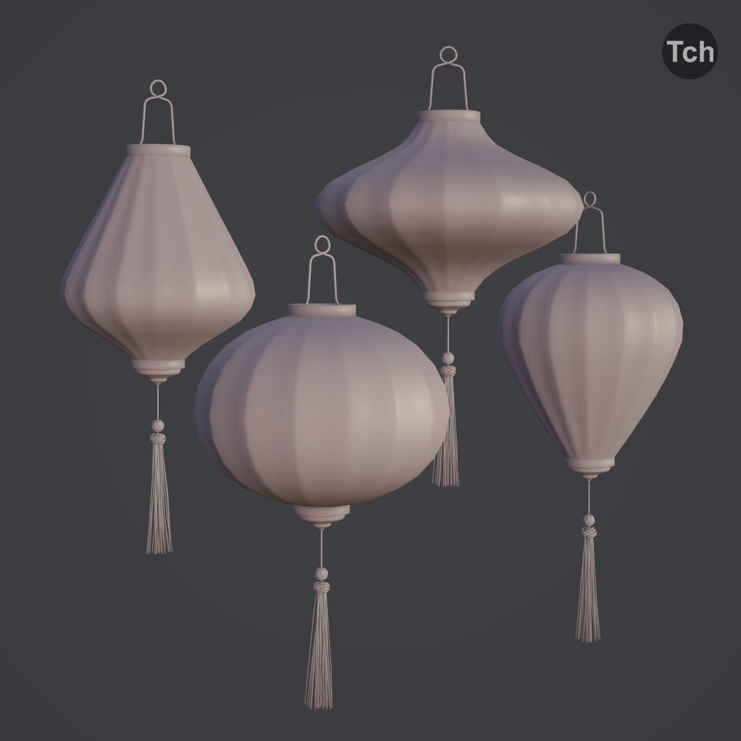 Asian Silk Lanterns 3D Model – Low Poly Decorative Lamp, FBX, OBJ - View 9