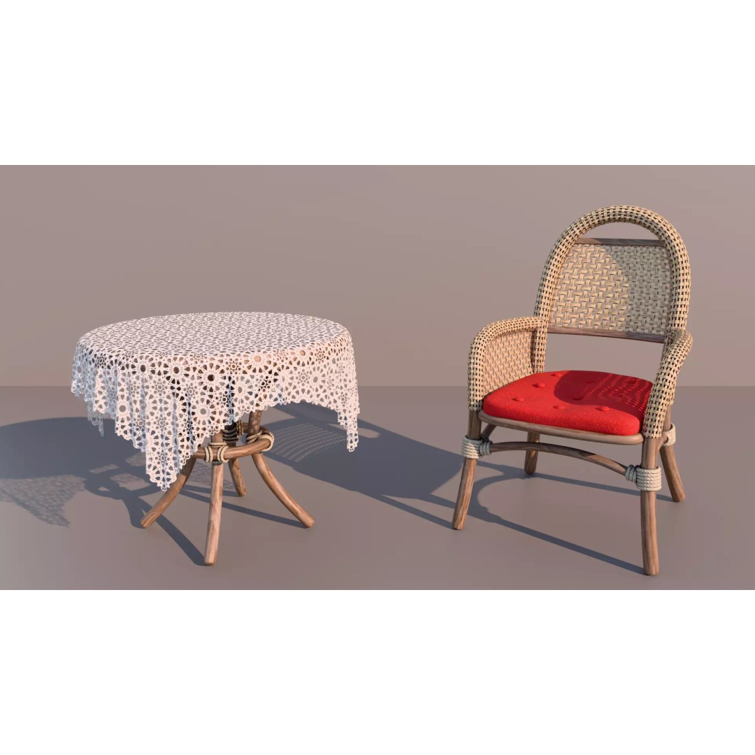 Garden Table and Wicker Chair 3D Model – Cozy Furniture Set, PBR Textures - View 2