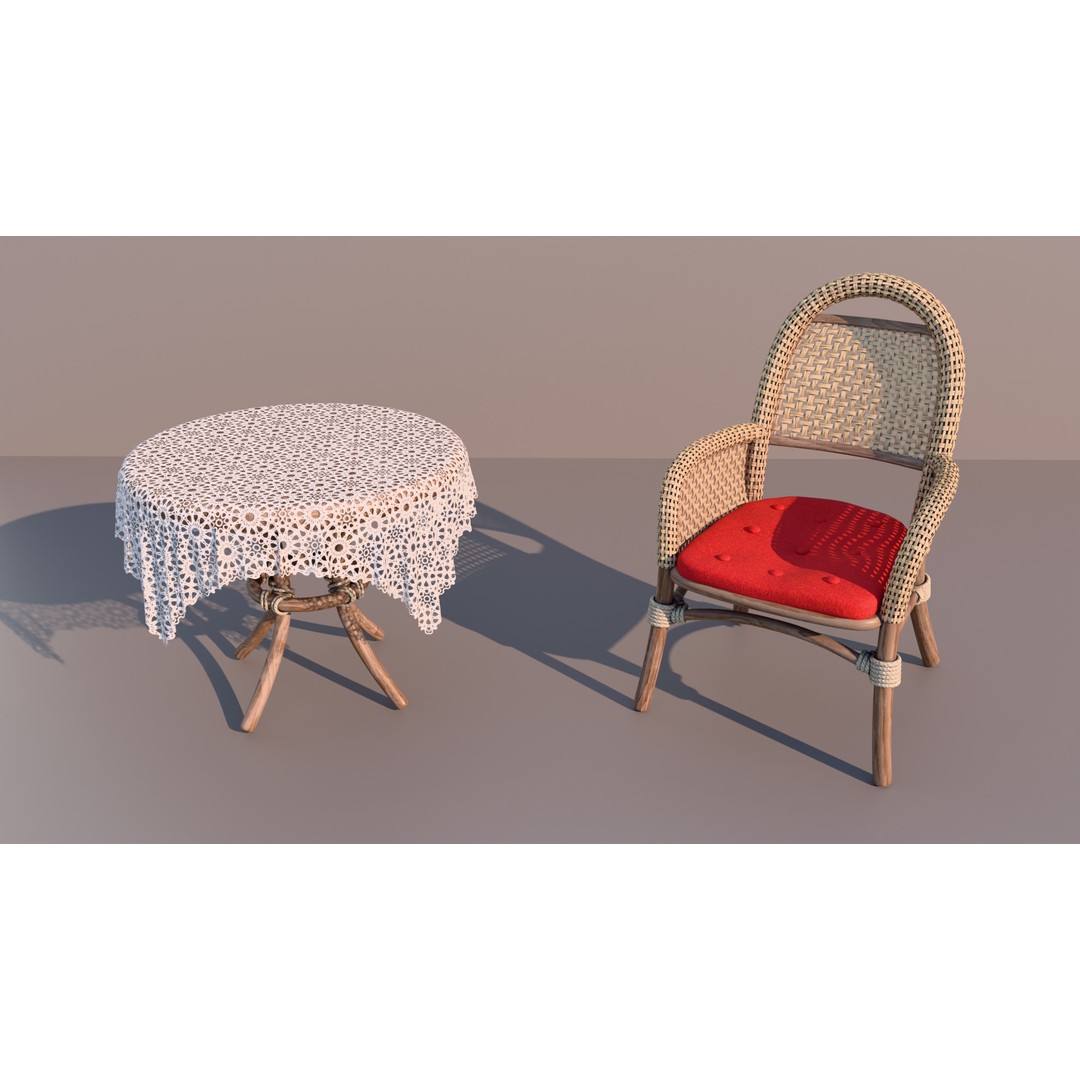 Garden Table and Wicker Chair 3D Model – Cozy Furniture Set, PBR Textures - View 3