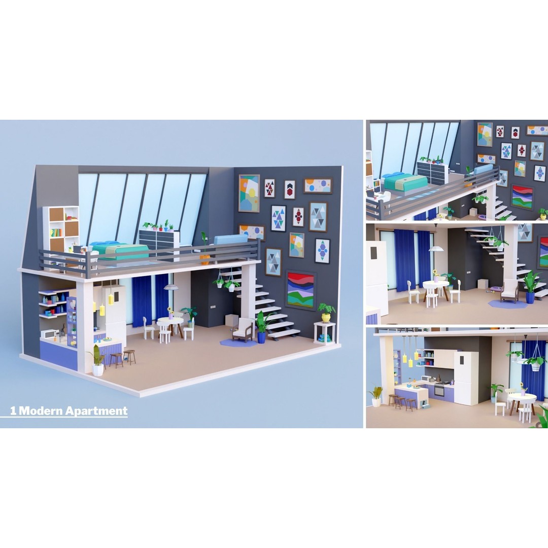 Apartment Interiors 3D Model – Low Poly Collection with 2227 Assets - View 14
