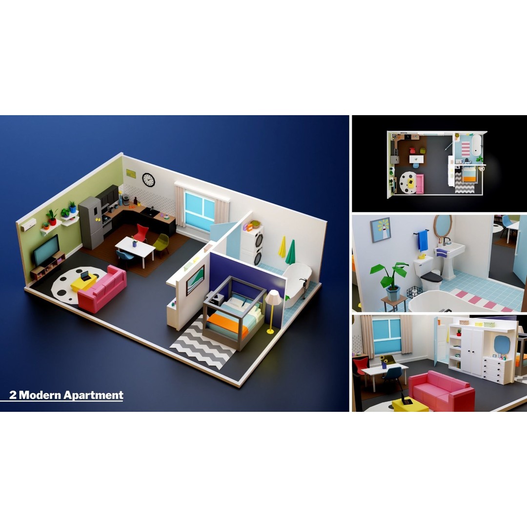 Apartment Interiors 3D Model – Low Poly Collection with 2227 Assets - View 15