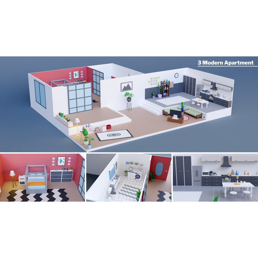 Apartment Interiors 3D Model – Low Poly Collection with 2227 Assets - View 16