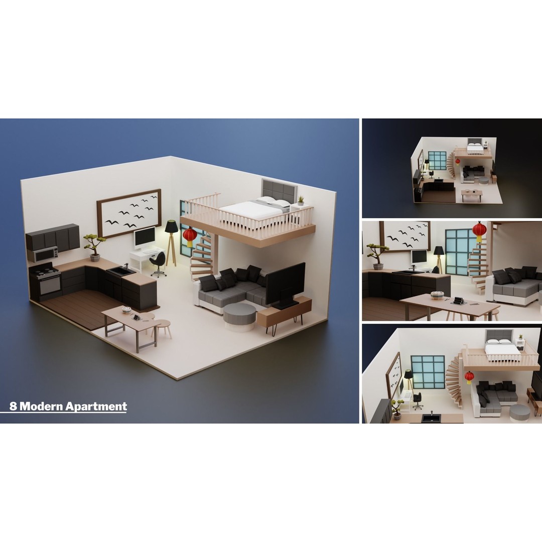 Apartment Interiors 3D Model – Low Poly Collection with 2227 Assets - View 21
