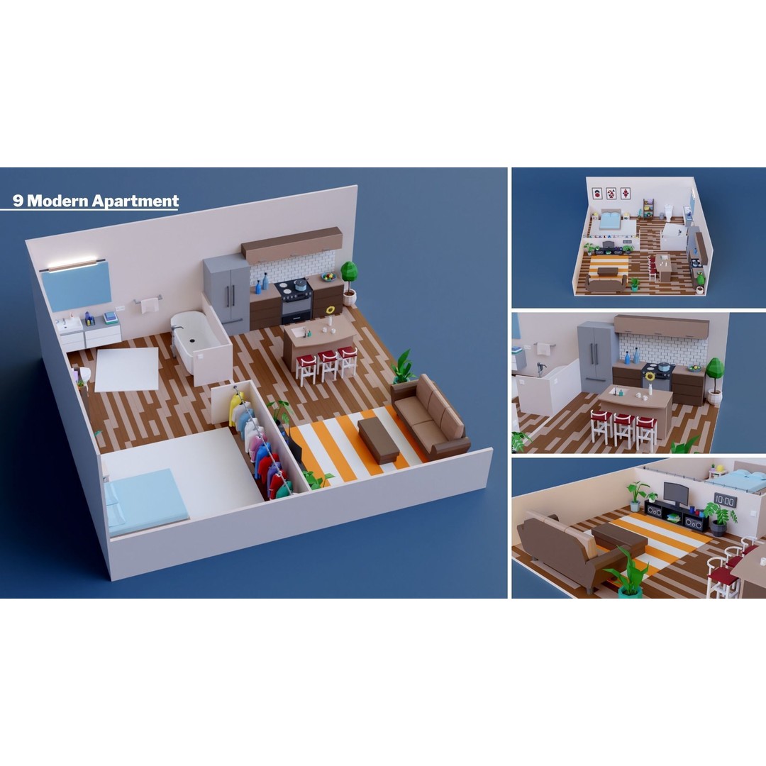 Apartment Interiors 3D Model – Low Poly Collection with 2227 Assets - View 22
